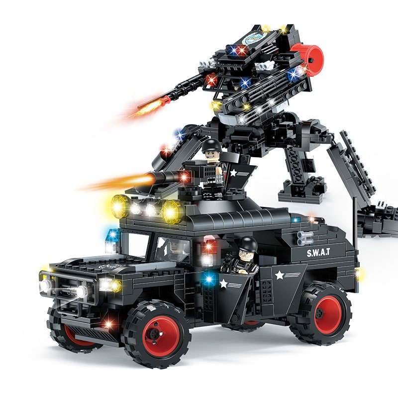 沃马积木儿童小孩益智玩具特警战队之2合1武装悍马越野车c0522