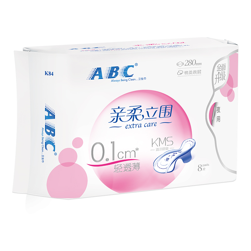 ABC夜用卫生巾 亲柔立围轻透薄棉柔280mm*8片 (含KMS健康配方)姨妈巾