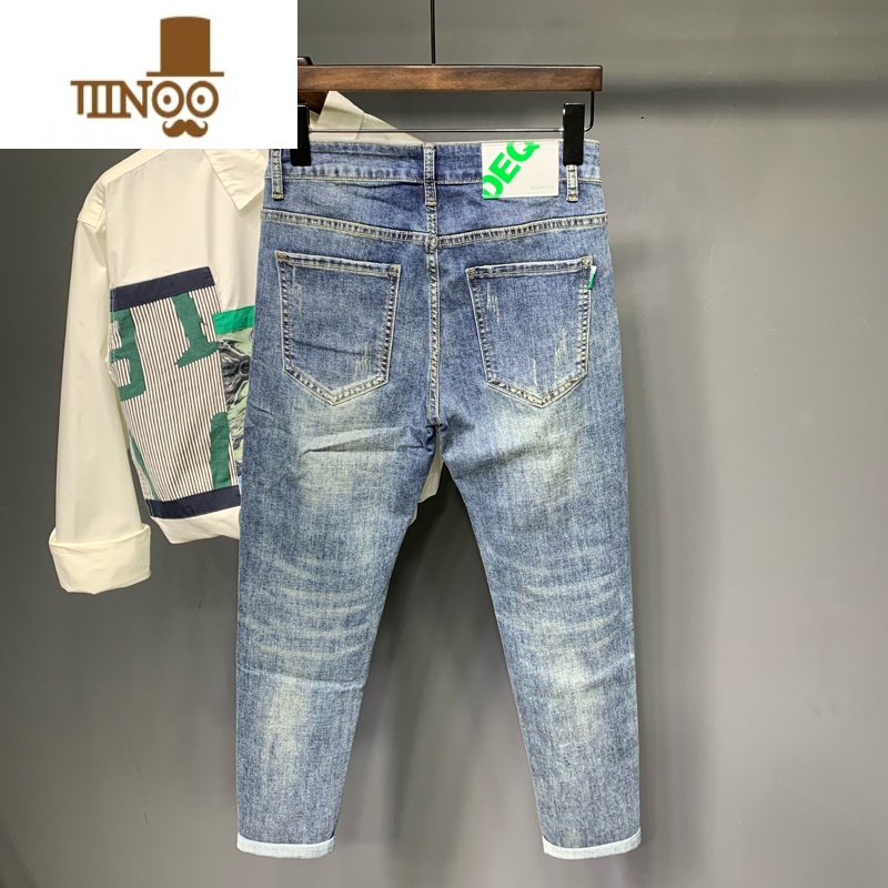 YANXU浅蓝色牛仔裤男夏季欧美潮牌刺绣复古修身小脚时尚痞帅网红九分裤