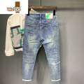 YANXU浅蓝色牛仔裤男夏季欧美潮牌刺绣复古修身小脚时尚痞帅网夏复帅仔