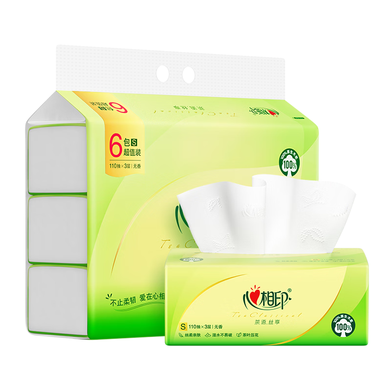 6DT15110(包装)心相印茶语丝享系列6包110抽三层塑料纸面巾(电商