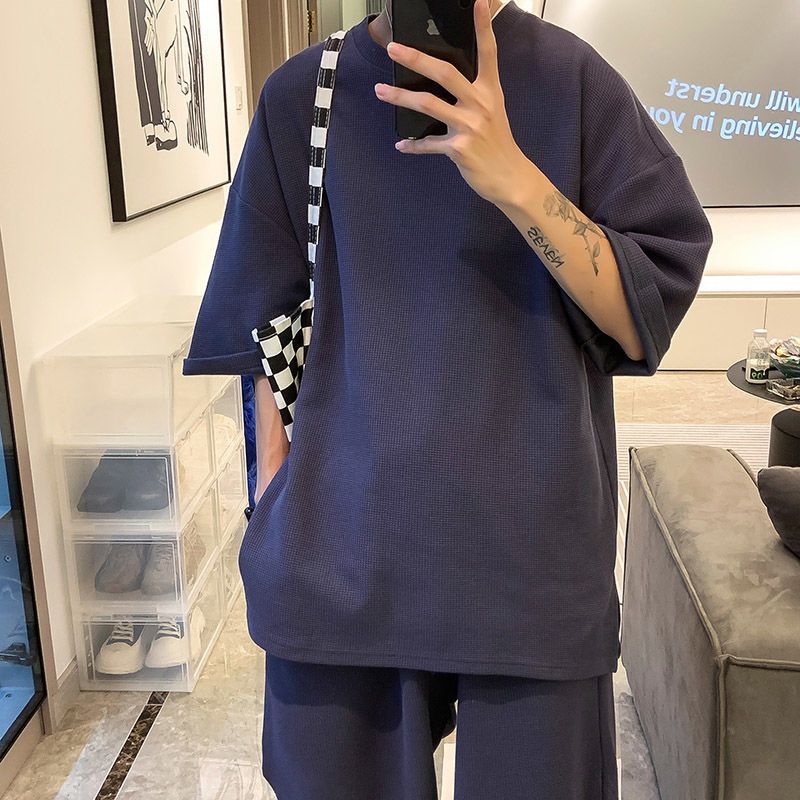 WOOG2005墨绿色华夫格短袖短裤套装男夏季美式篮球运动服男装一