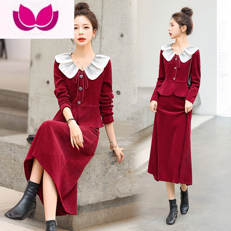 七斓小香风套装2023年春装新款灯芯绒套气质显瘦小众半身裙套装女 XXL125-140斤 红色