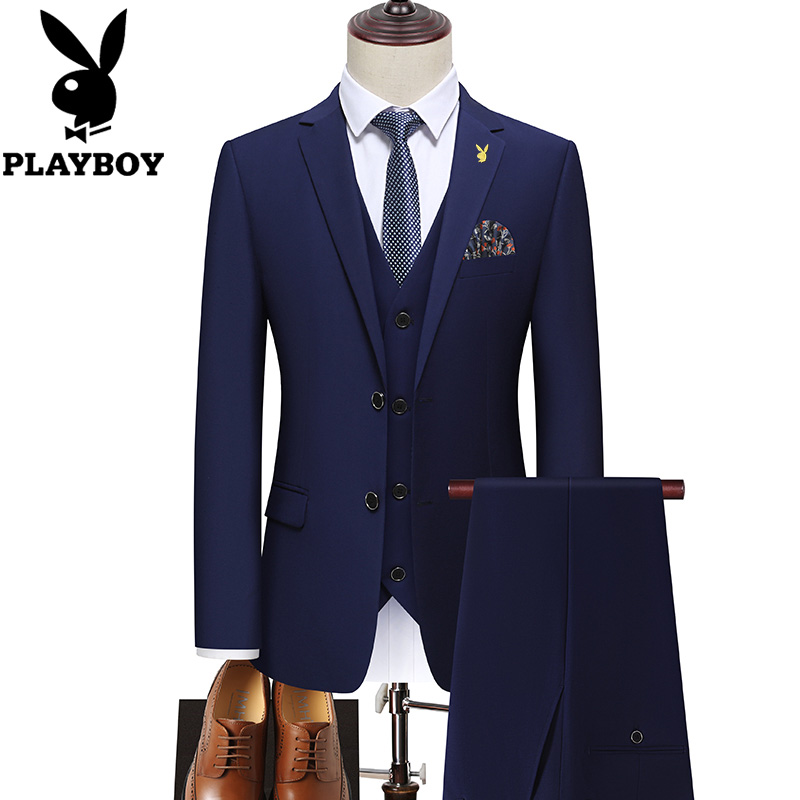 花花公子西服套装男士三件套修身商务正装西装伴郎新郎结婚礼服男高清大图