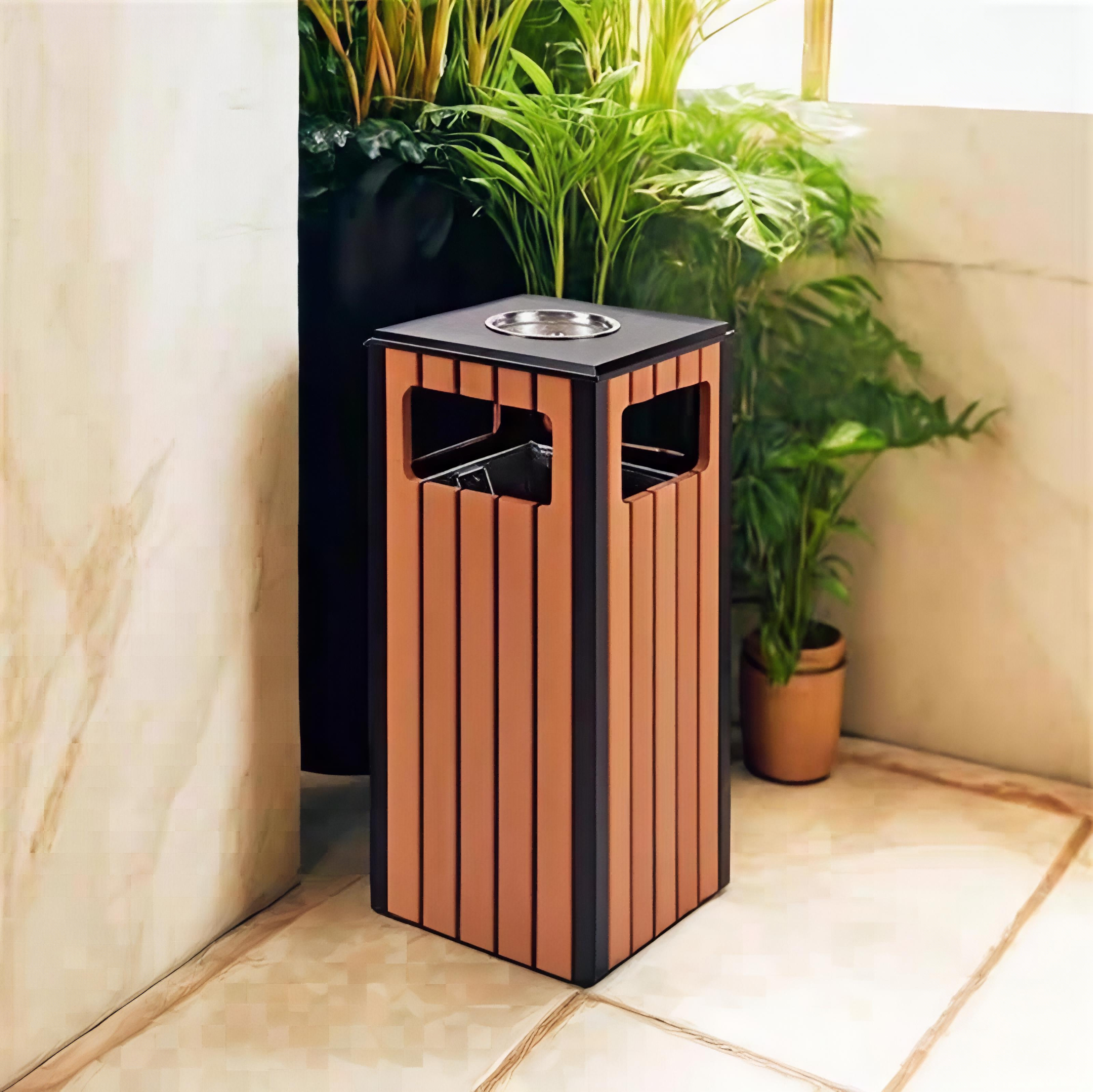 秦泰(Cqint) QTRASH-P 户外公园平顶垃圾桶 30L 棕色高清大图