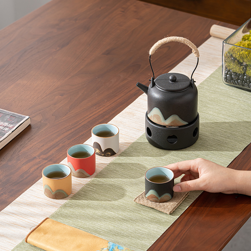 苏氏陶瓷(SUSHI CERAMICS)手绘釉画彩千里江山四色杯温茶套装禅黑文创伴手礼套组