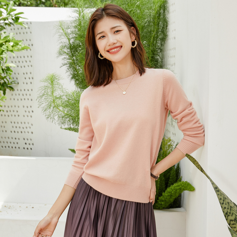 恒源祥圆领羊毛衫女2024春秋新款基础打底毛衣纯色时尚套头针织衫 175/96A/XL 珊瑚粉