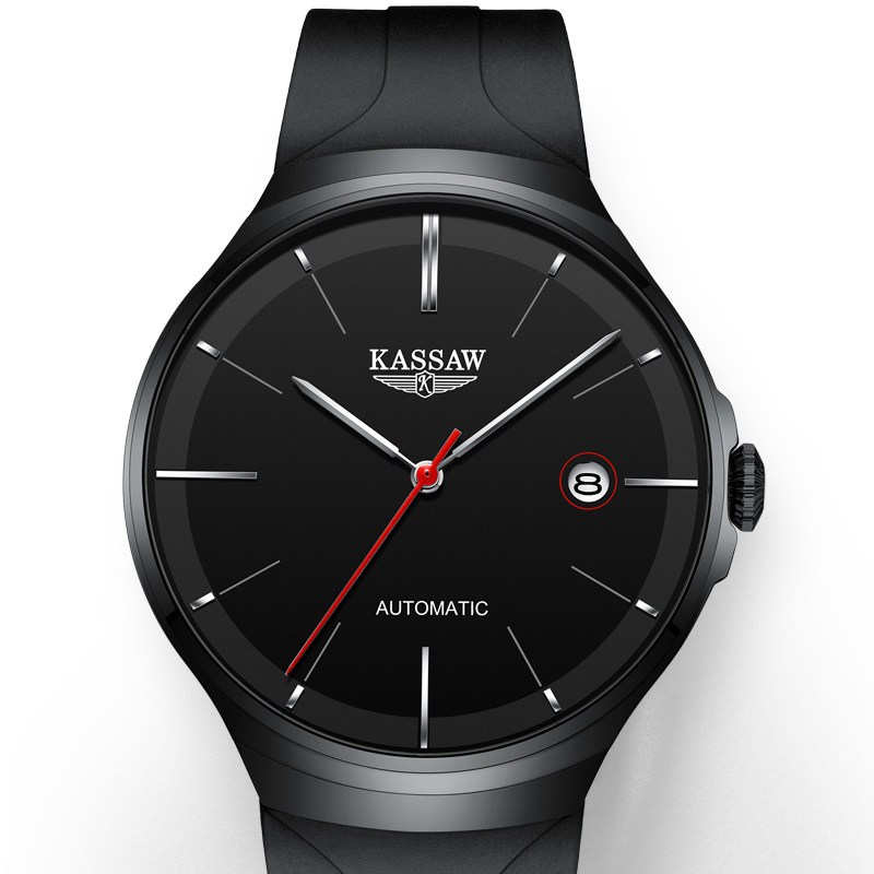 卡梭(KASSAW)手表男超薄橡胶带自动机械表时尚商务潮流男表防水男士手表K808G 全黑黑面