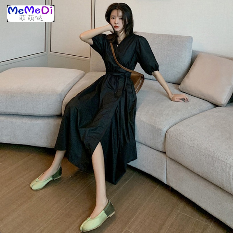 法式复古短袖连裙女2020夏新款收腰显瘦赫本风v领中长款a字裙子