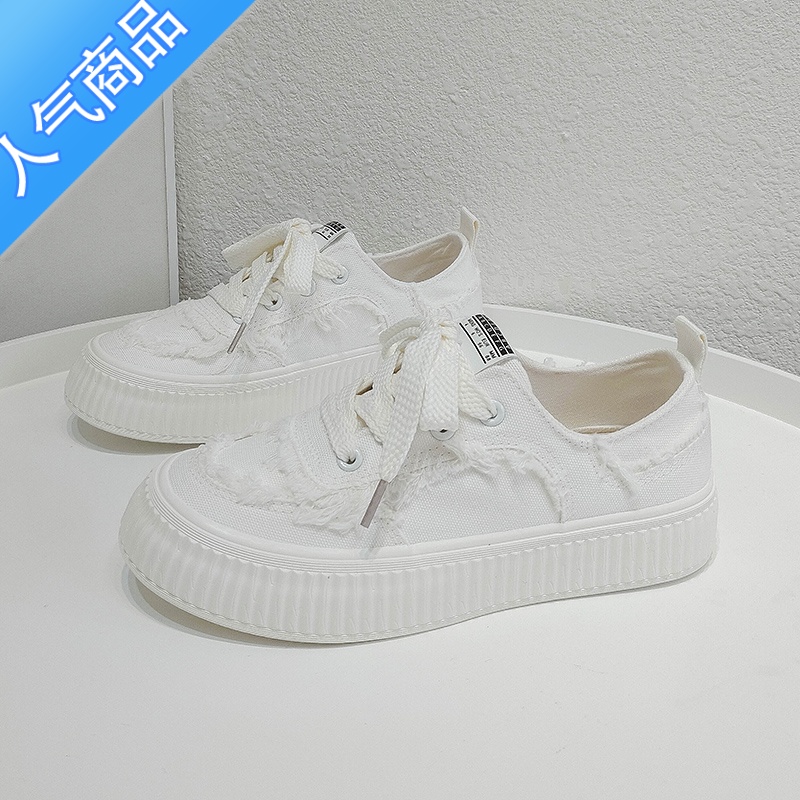 SUNTEK炸街chic小白鞋女2023新款春秋帆布鞋透气百搭运动休闲饼干鞋板鞋高清大图