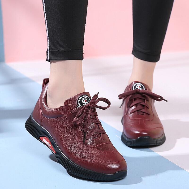 旺奈wangnai春秋款真皮妈妈皮鞋休闲运动人鞋轻便婆婆鞋平底老人皮鞋