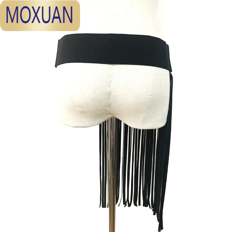 MOXUAN欧美个性长流苏裙子女士腰封时尚铆钉宽腰带松紧朋克风黑色皮带潮