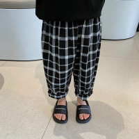 辰辰妈男童裤子夏季儿童薄款格子条纹萝卜裤男宝宝帅气休闲长裤潮 黑白格 90码