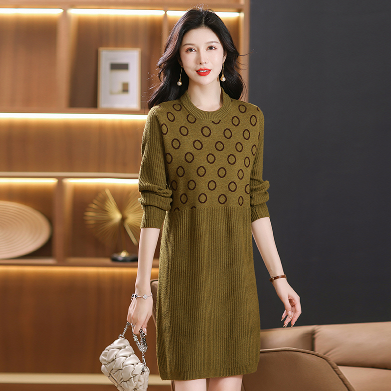 山羊绒衫女中长款高端新款春秋毛衣裙厚打底针织羊毛连衣裙女士半高领套头毛衣宽松连衣裙毛衣大码毛衫针织打底衫高清大图