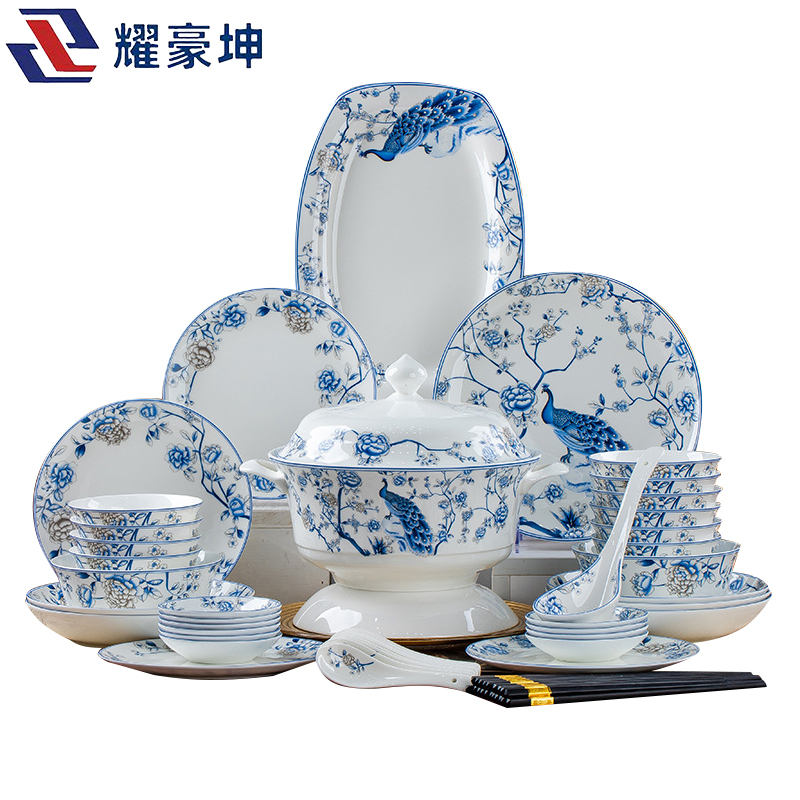 耀豪坤 青花孔雀蓝骨瓷餐具套装 56件套YHLQ-56/套