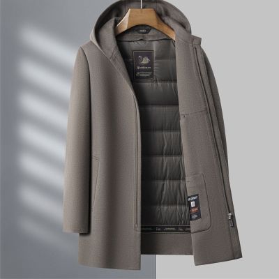 双面呢羊绒大衣可拆卸鹅绒羽绒内胆翻领羊绒呢子连帽双面呢羊绒大衣爸爸保暖秋冬装纯羊毛西装外套冬装新款毛呢外套潮大码男装 加长款/深灰(羽绒内胆+狐狸毛领 5XL