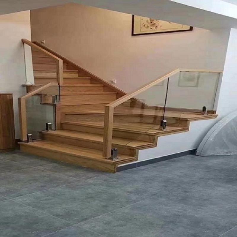 白色室内简约钢化玻璃楼梯扶手复式实木油漆卡槽玻璃扶手阁楼实木扶手