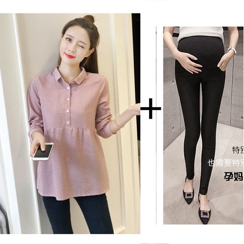 迪鲁奥(DILUAO)孕妇装套装时尚款2021新款秋装孕妇衬衫外出潮妈娃娃衫上衣两件套图片