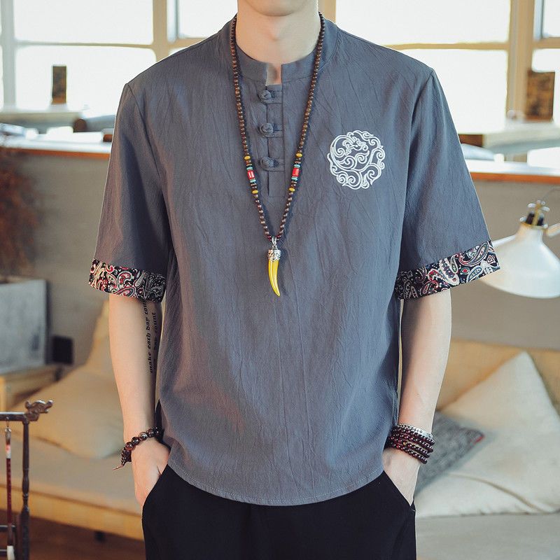 亚麻短袖男T恤2020中国风棉麻上衣潮流刺绣半袖唐装夏季宽松汉服 黑色纯色 2XL 145-160斤