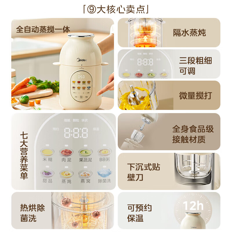 美的(Midea)辅食料理机婴儿辅食机打米糊蒸煮一体婴幼儿专用多功能辅食机榨汁机蒸煮一体搅打泥机HJX31高清大图