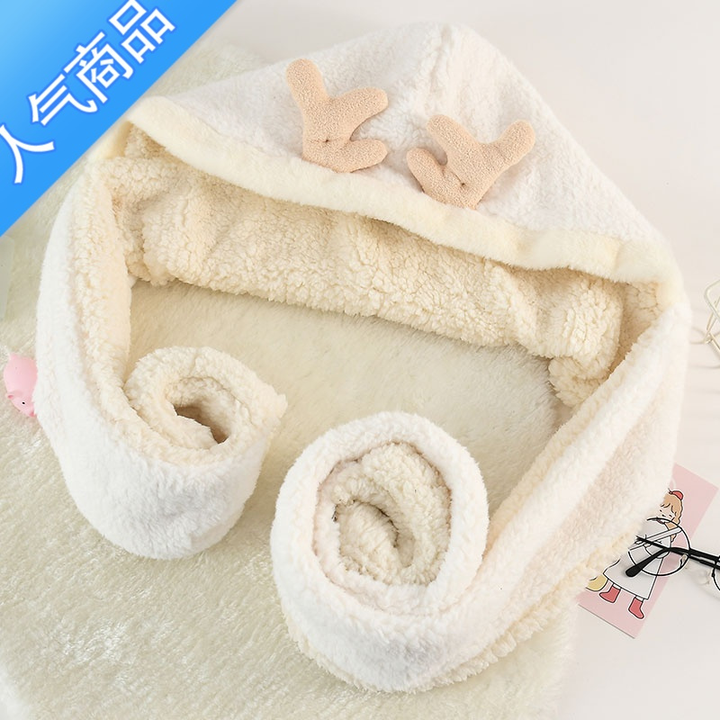 SUNTEK鹿角帽子女冬季甜美可爱保暖毛绒秋天围巾连帽手套一体韩版护耳潮
