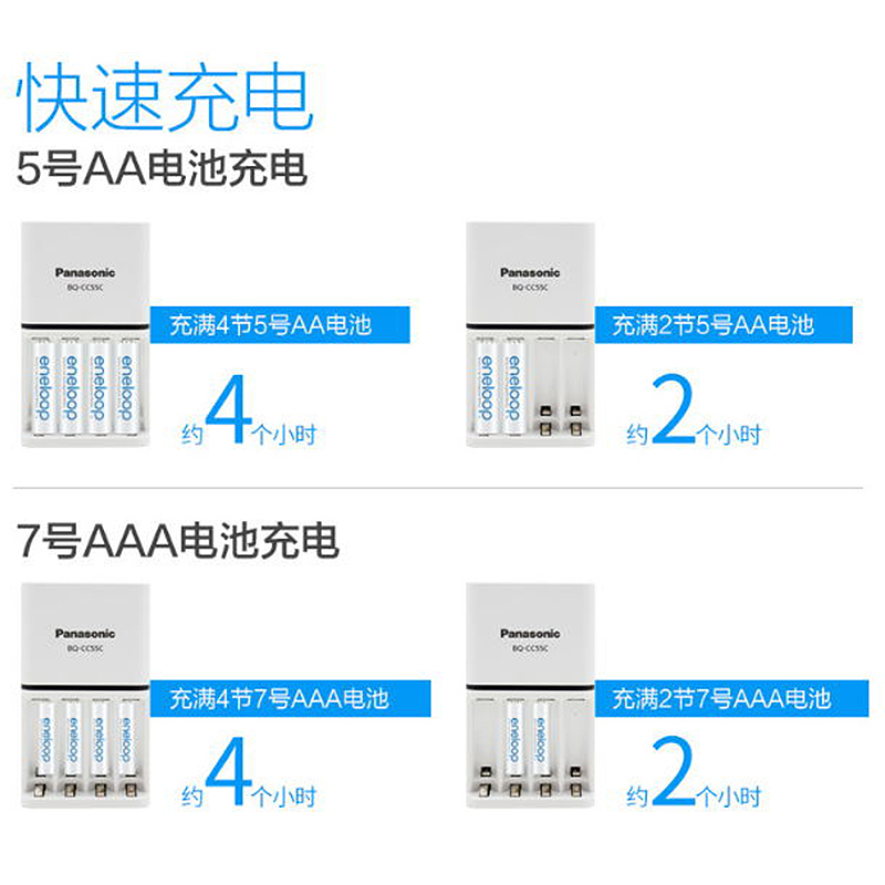 松下Panasonic爱乐普5号充电套装可充7号附4粒5号2000mha高性能镍氢急速智能充电电池 白色高清大图