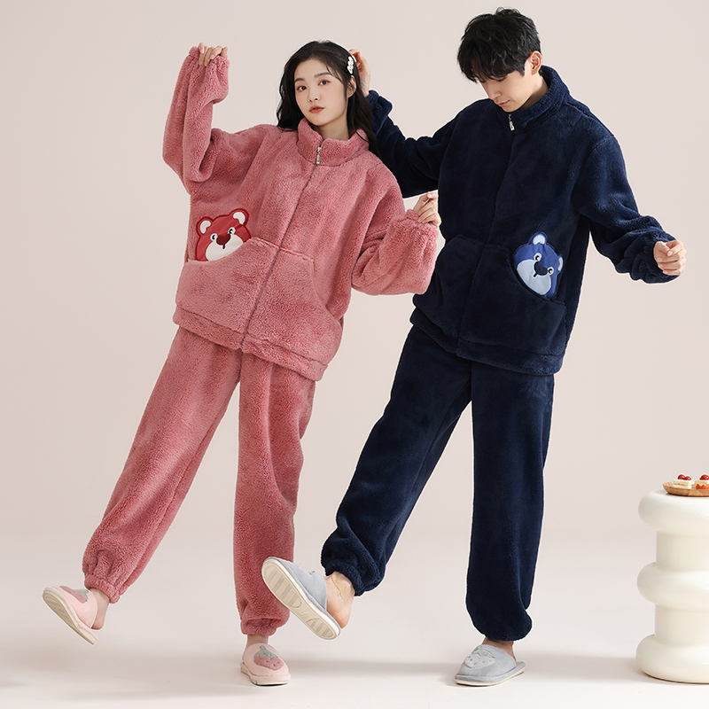 花花公子情侣睡衣珊瑚绒2025新款家居服男士秋冬季女加绒发热衣发高清大图