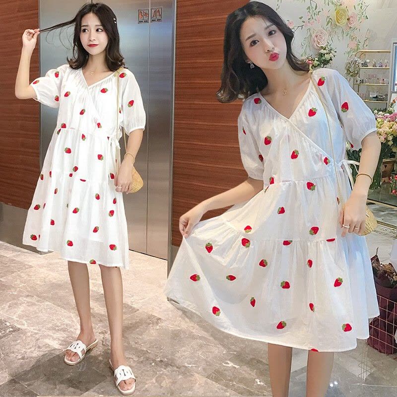 迪鲁奥(DILUAO)孕妇装夏装外出2021新款V领显瘦孕妇连衣裙中长款时尚潮妈孕妇裙子夏季宽松透气 白色图片