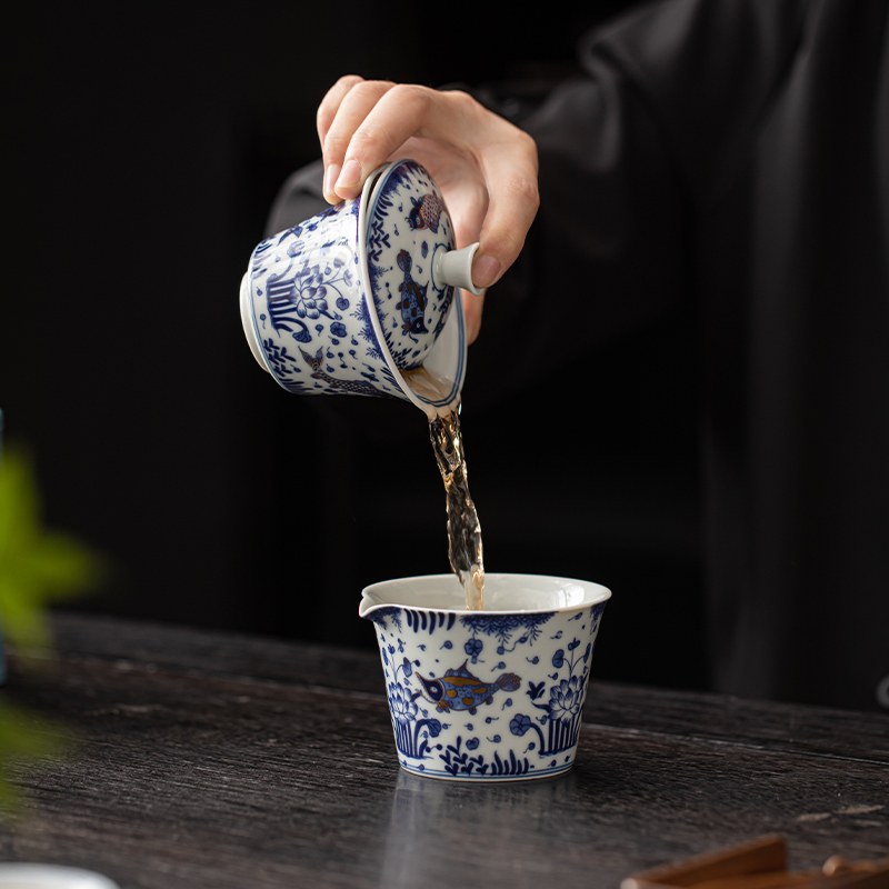 苏氏陶瓷(SUSHI CERAMICS)柴窑青花描金鱼藻纹盖碗旅行便捷茶具非遗大师苏爱珍作品