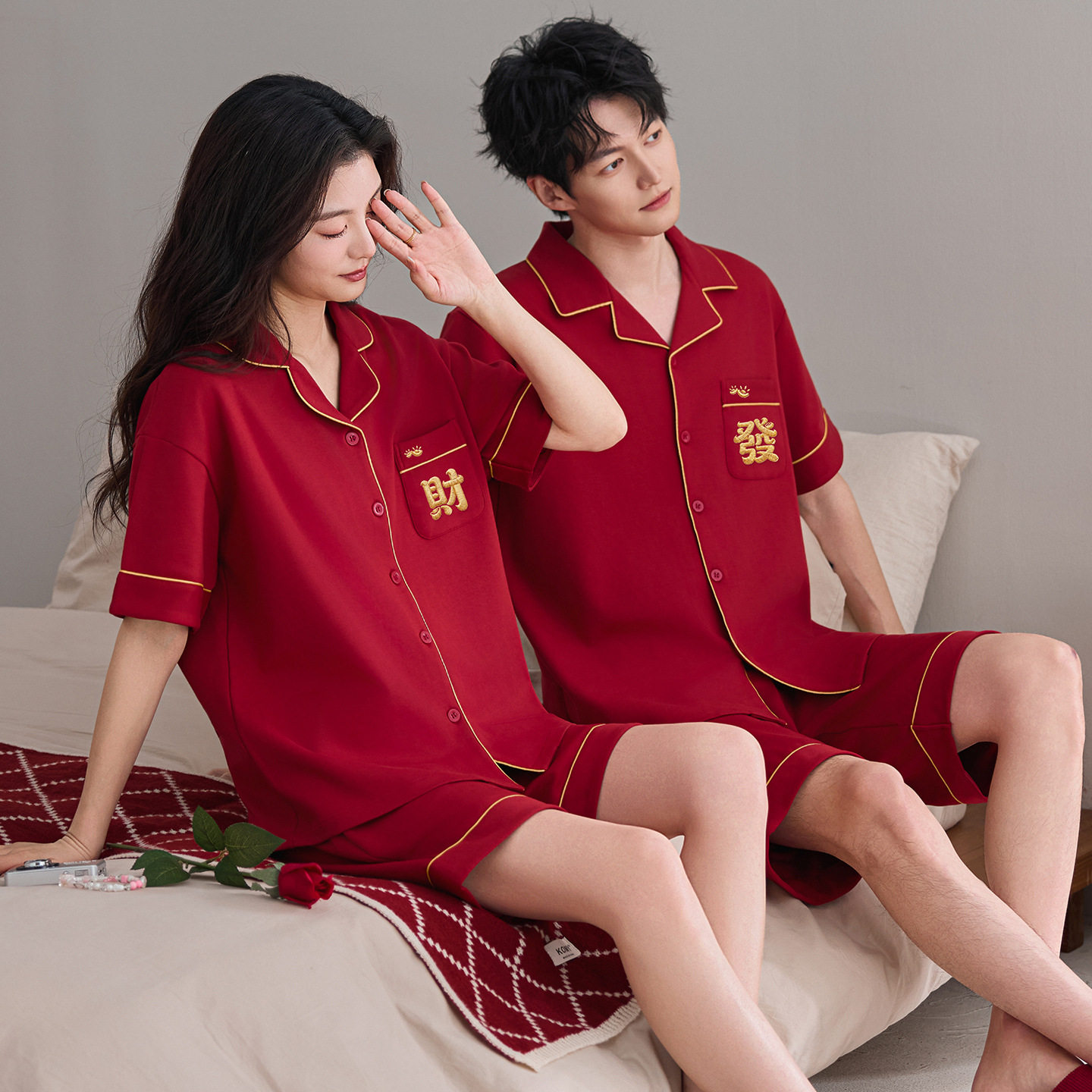 大红色睡衣情侣套装春夏季纯棉新婚高级感男女特大码可外穿家居服高清大图
