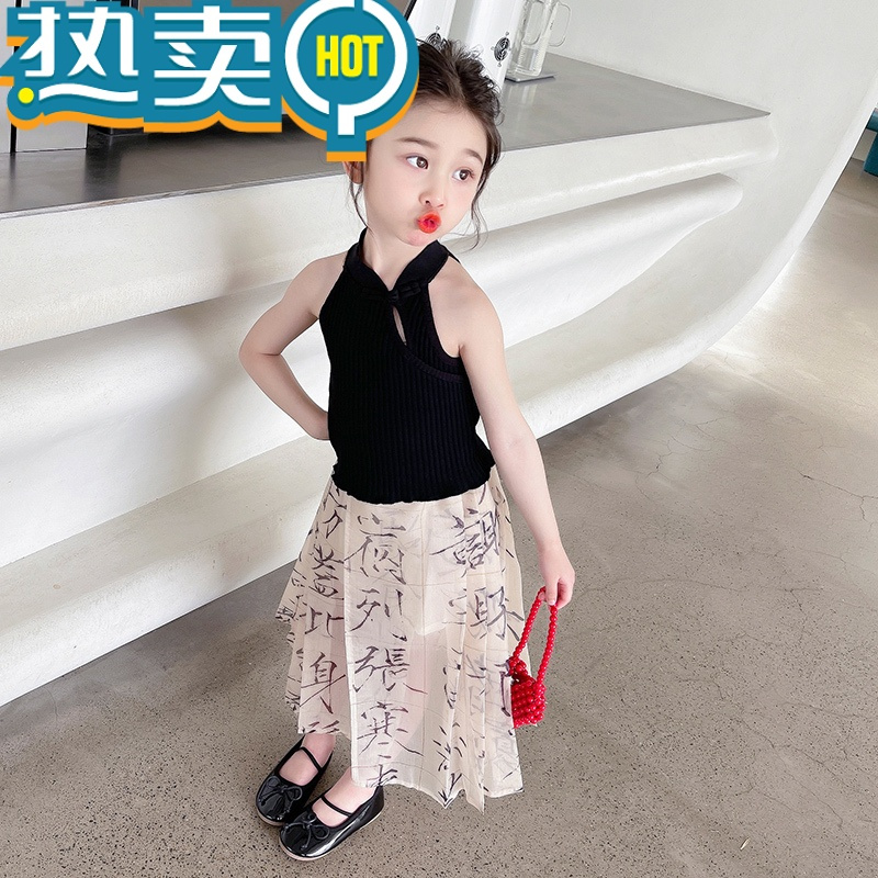 绿彩虹光女童夏装裙子中国风套装裙2023新款儿童马面裙夏季宝宝汉服连衣裙