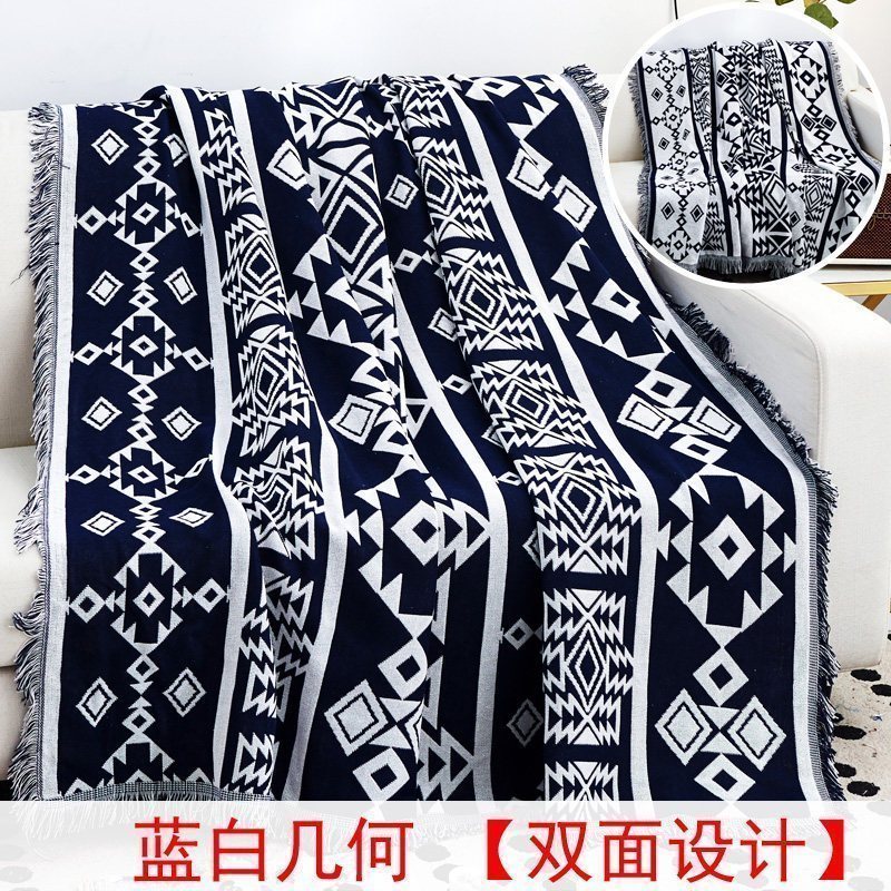 北欧色沙发巾沙发布全盖毯子单简约沙发套沙发垫盖布罩 蓝白几何[双面][] 230*340cm高清大图