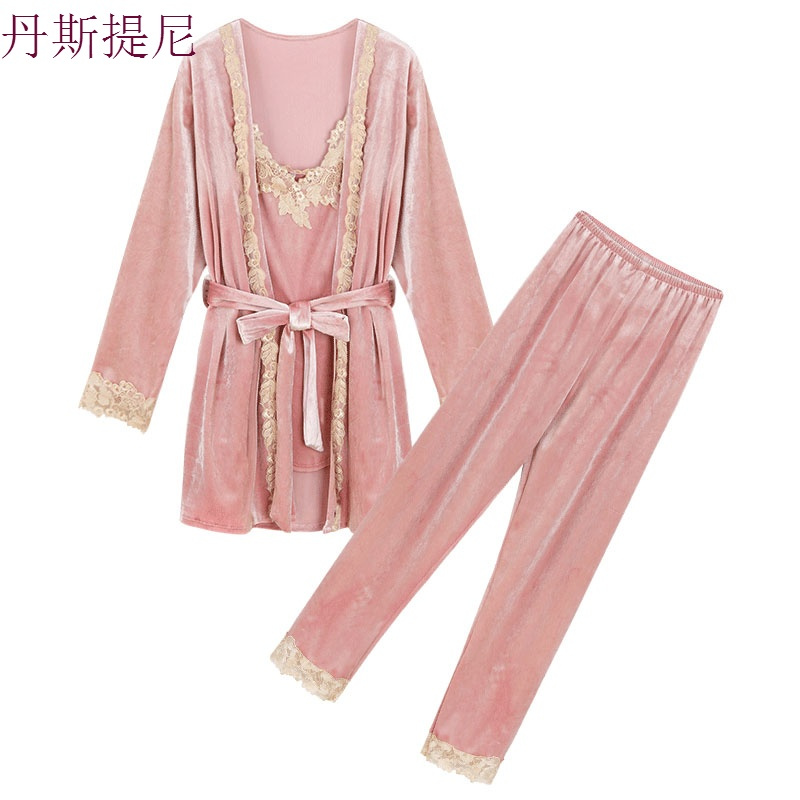 睡衣女春秋三件套装性感韩版长袖宽松大码金丝绒睡衣女秋冬家居服