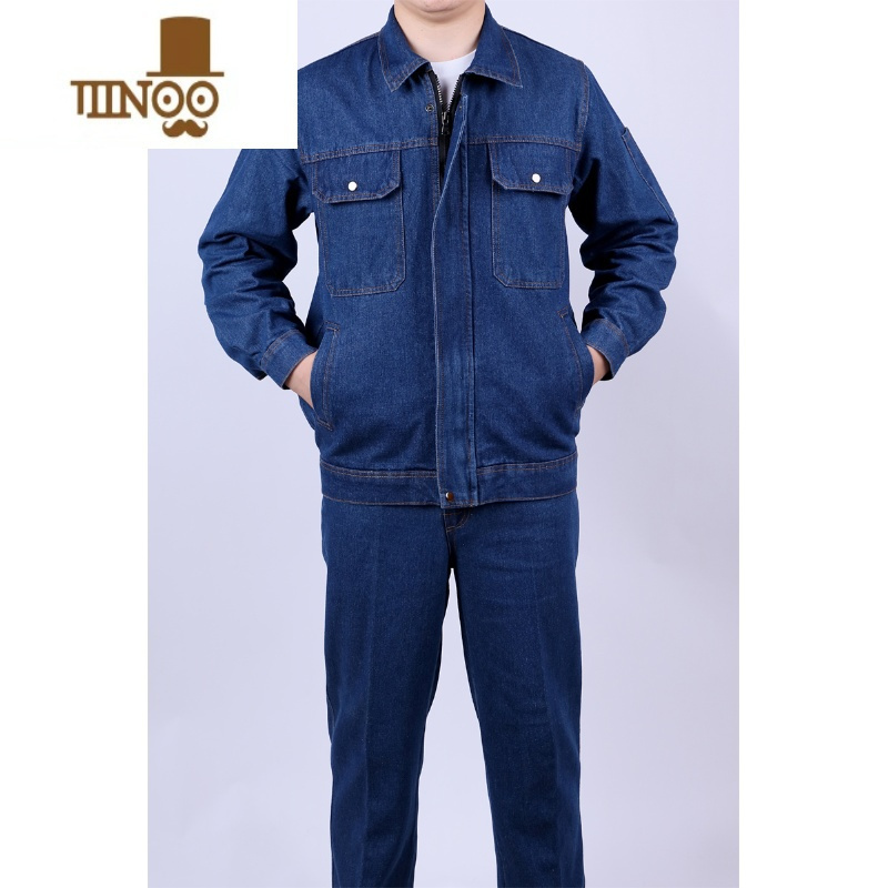 yanxu牛仔电焊工作服套装男拉链加厚防烫耐磨大口袋加肥焊工劳保服