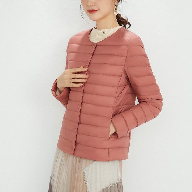 90绒新国标女式女装圆领V领长袖内胆纯色羽绒服简约外套 嫣红色 L