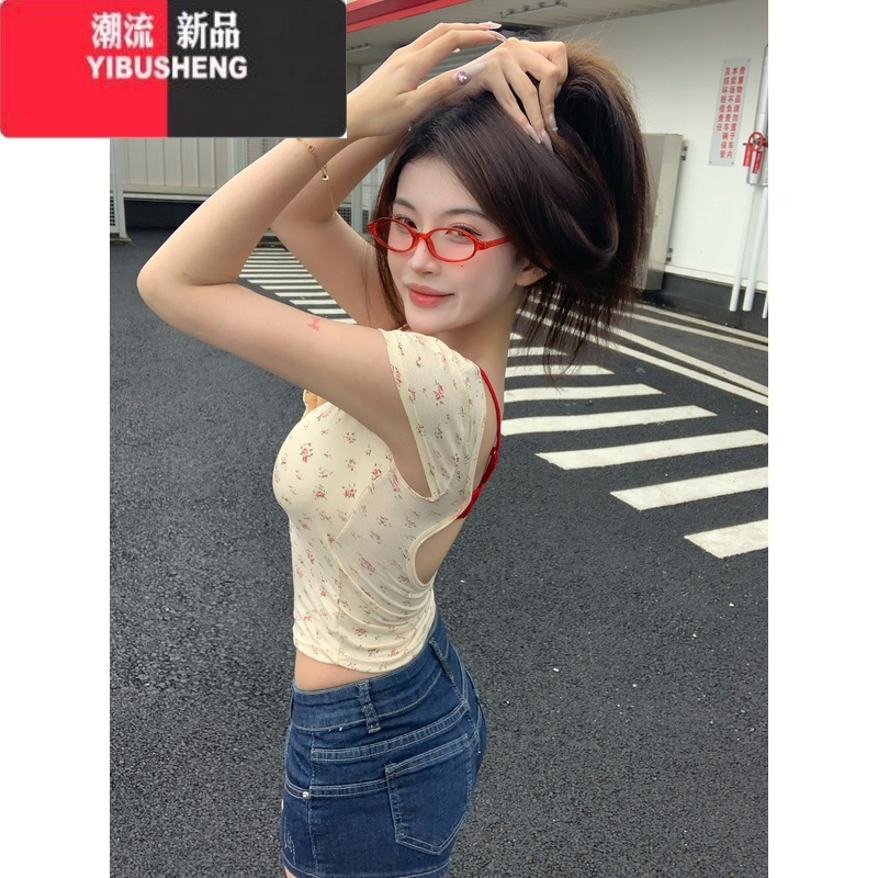 YIBUSHENG下架学姐网红风带胸垫假两件碎花短袖T恤女季纯欲修身短款上衣