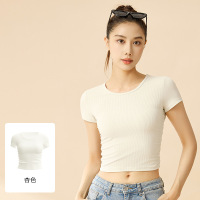 条纹运动短袖T恤女新款透气健身短袖夏季显瘦瑜伽服上衣 L 杏色