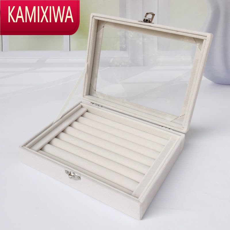 KAMIXIWA透明翻盖米色小号绒布首饰盒饰品耳钉耳环耳坠戒指项链格子收纳盒图片