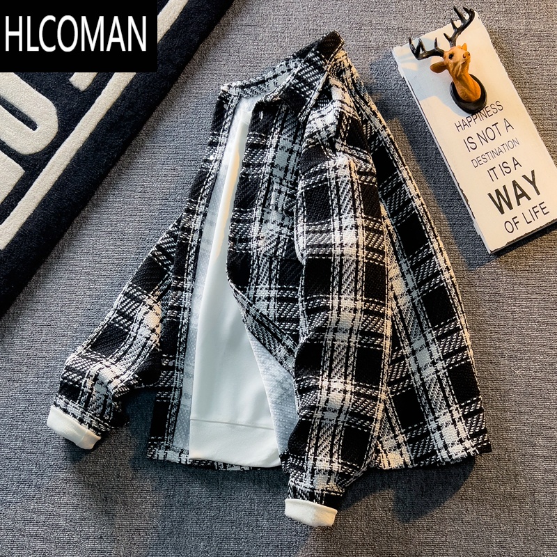 HLCOMAN冬季加绒加厚p暖外套男士潮牌高级感痞帅休闲宽松格子棉衣服夹克 3XL XXF001黑色