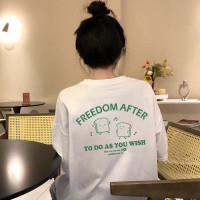 [2.5折价53元]唐狮夏季女圆领背后图案短袖T恤减龄百搭学院风休闲慵懒风