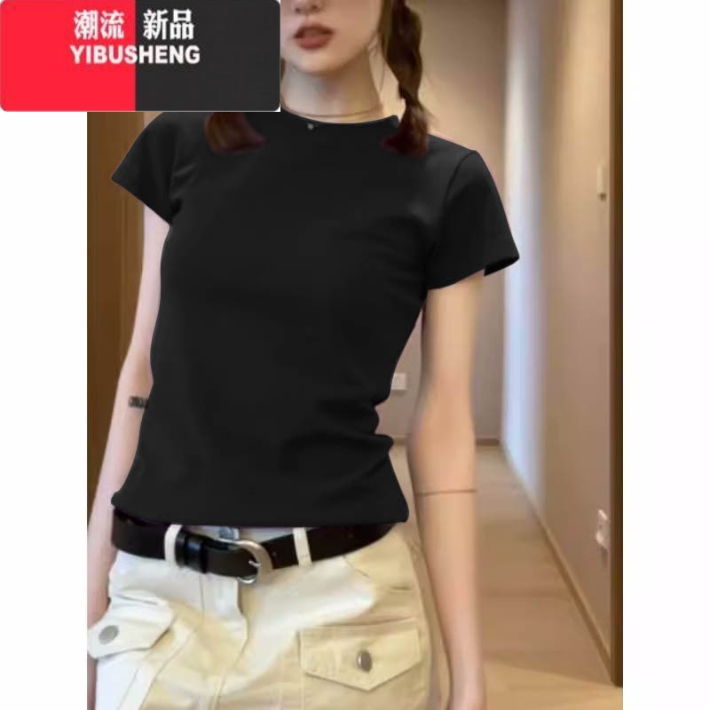 YIBUSHENG日多巴胺穿搭正肩紫色t恤女短袖季小衫设计感小众修身短小恤 L 黑色