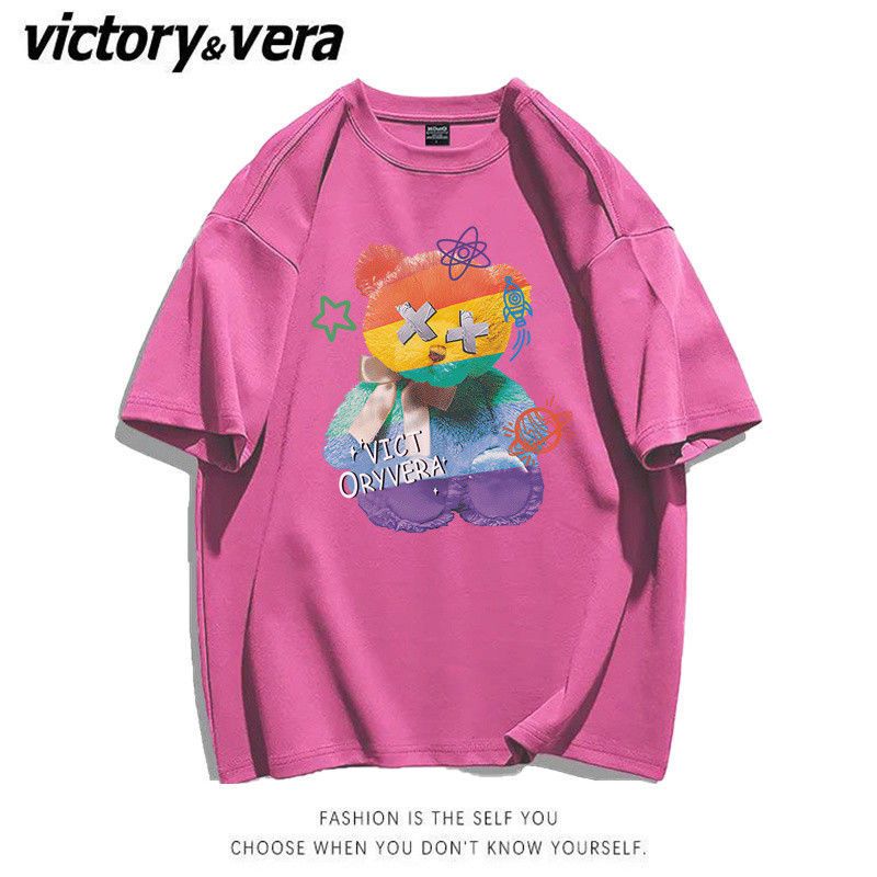 VICTORYVERA美式复古小熊短袖T恤女2022新款夏季宽松韩版百搭上衣