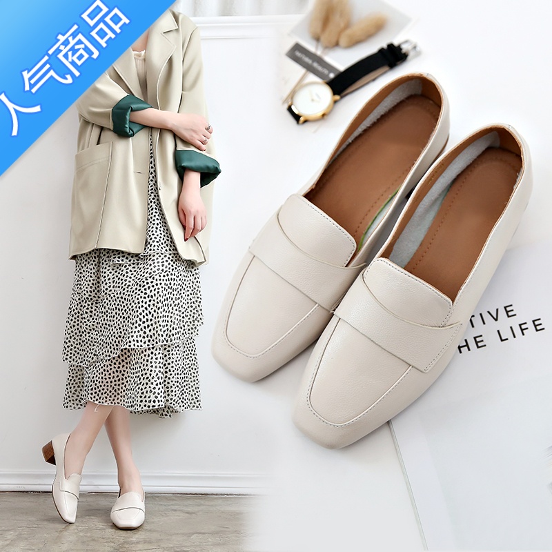 SUNTEK粗跟单鞋女2023春夏新款韩版中跟乐福鞋一脚蹬小皮鞋女奶奶鞋高清大图