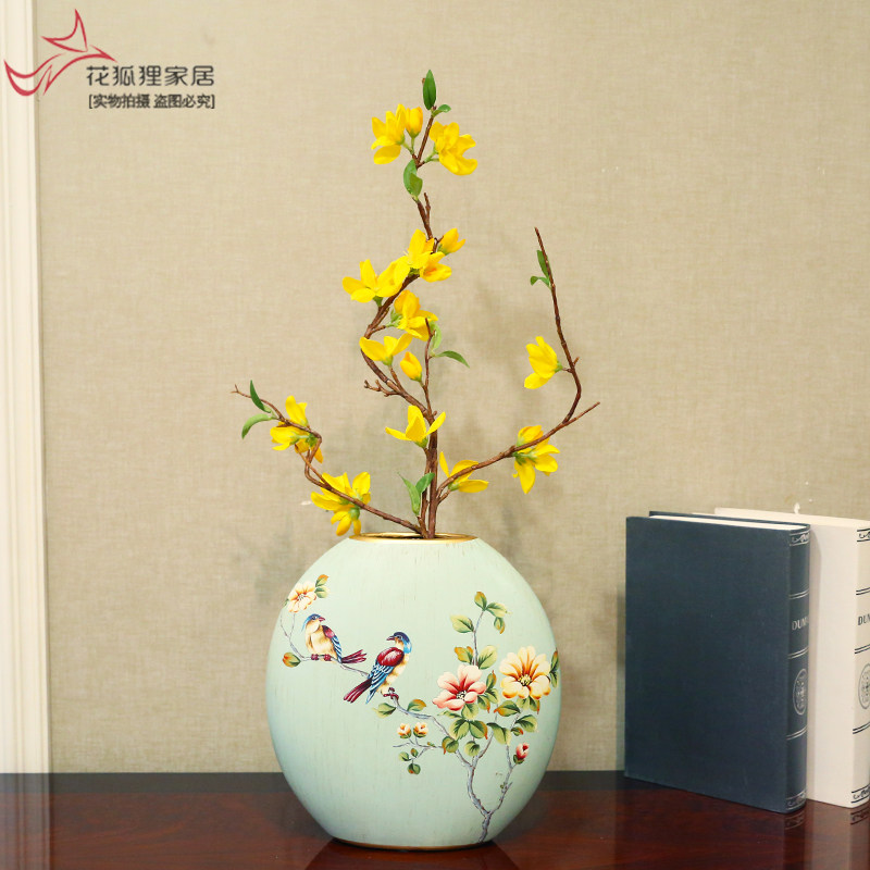 美式乡村创意陶瓷花瓶欧式仿真花艺套装客厅装饰插花结婚摆件 三维工匠 浅蓝款花瓶+黄色迎春花高清大图