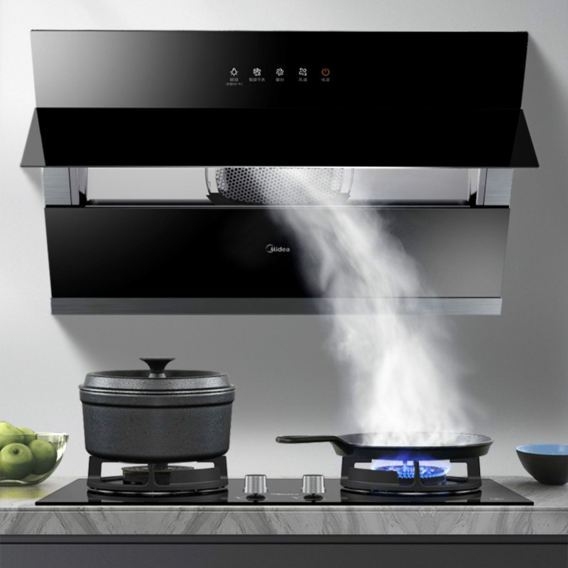 美的抽油烟机家用侧吸大吸力厨房电器吸烟机自动清洗黑色