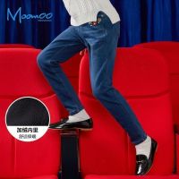 【2件2.5折价：59.8】moomoo童装女童牛仔裤新款冬季加绒绣花中大儿童长裤子