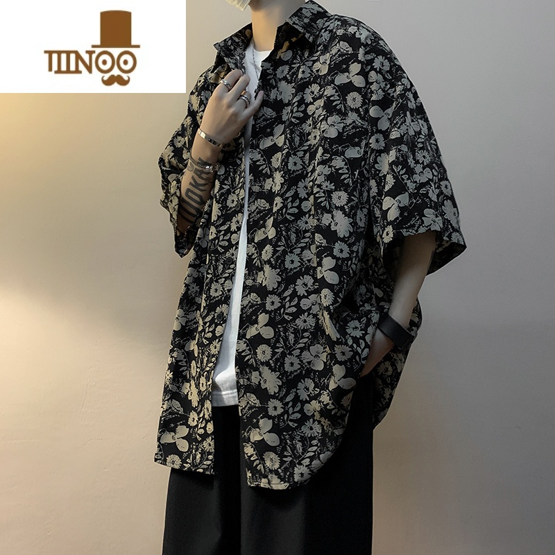 YANXU港风复古冰丝碎花衬衫男生短袖垂感痞帅潮牌宽松休闲古着衬衣外套高清大图