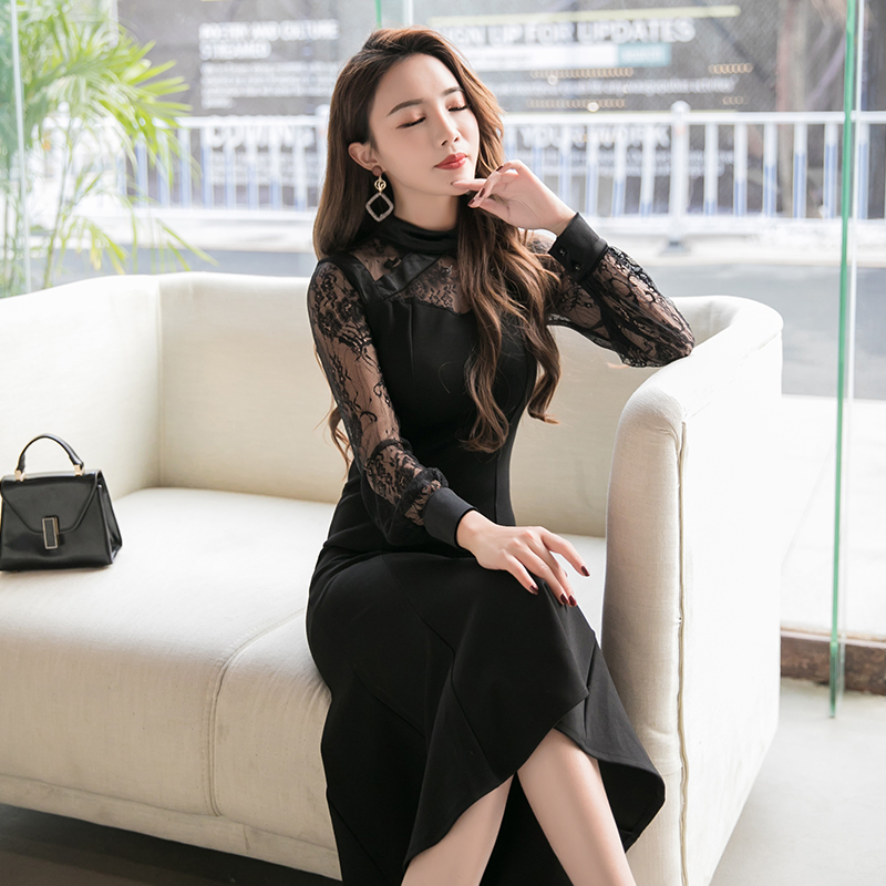 欧美女装2018春款内搭打底裙蕾丝拼接气质中长款鱼尾摆连衣裙