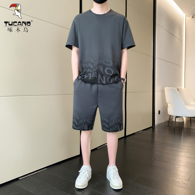 啄木鸟冰丝套装男士夏季薄款运动短袖t恤一套搭配五分休闲短裤男高清大图