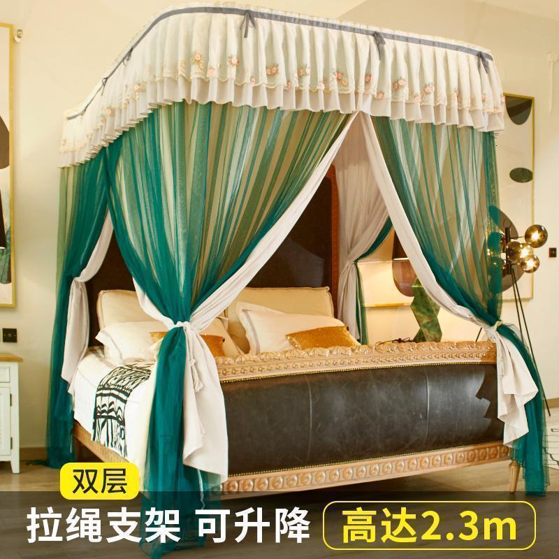 美帮汇拉绳升降u型导轨蚊帐挡风遮光布床帘家用1.8m床1.5米加密加厚床幔 奶咖墨绿双层遮光床幔蚊帐含自动拉绳升降支 1.8m（6英尺）床